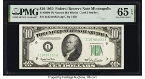 image for: Fr. 2010-I $10 1950 Narrow Federal Reserve Note. PMG Gem Uncirculated 65 EPQ....