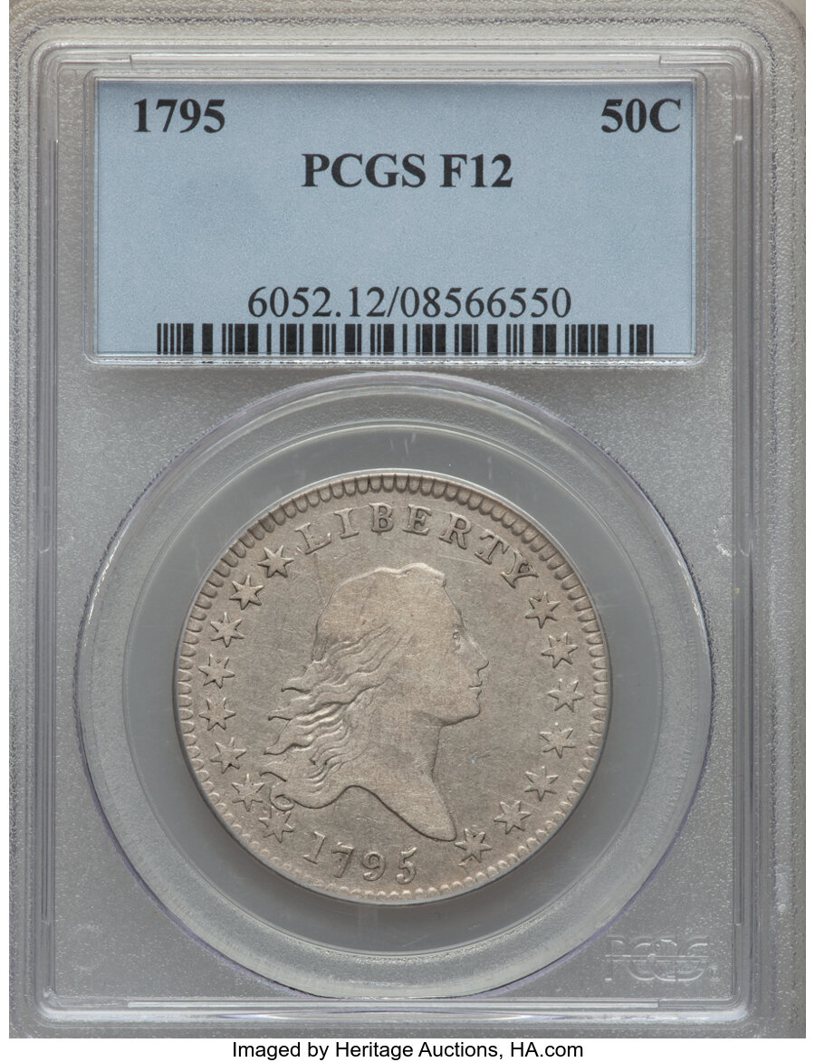 image for: 1795 50C 2 Leaves, O-104, T-24, Low R.4, Fine 12 PCGS. CDN: $1,800 Whsle. Bid for NGC/PCGS Fine 12. Mintage 299,680....