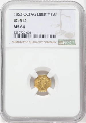 image for: 1853 $1 Liberty Octagonal Dollar, BG-514, High R.5, MS64 NGC. NGC Census: (2/1). PCGS Population: (9/2). MS64. ...