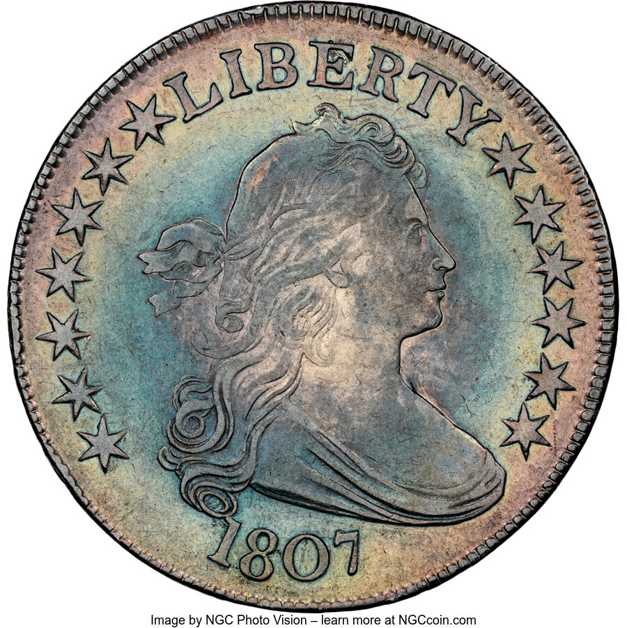 image for: 1807 50C Draped Bust, O-105, R.1, XF45 NGC. CDN: $1,600 Whsle. Bid for NGC/PCGS XF45. Mintage 301,076....