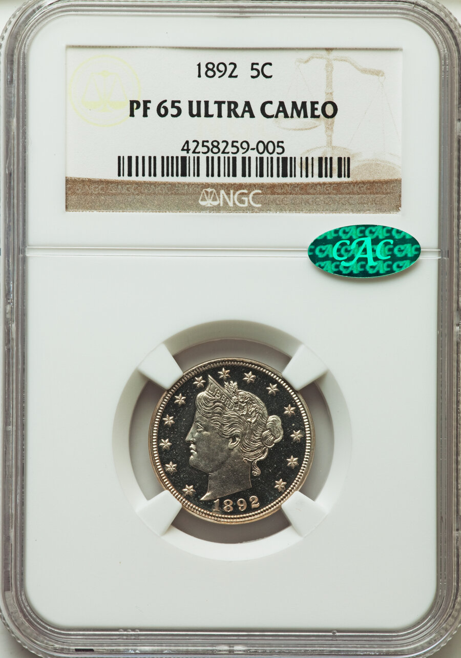 image for: 1892 5C PR65 Ultra Cameo NGC. CAC. NGC Census: (2/1). PCGS Population: (1/3). PR65. From The Rio Collection. ...