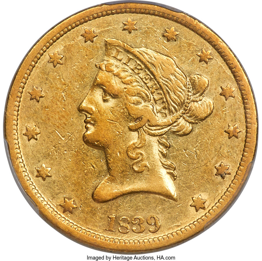image for: 1839 $10 Small Letters, Head of 1840, XF45 PCGS....