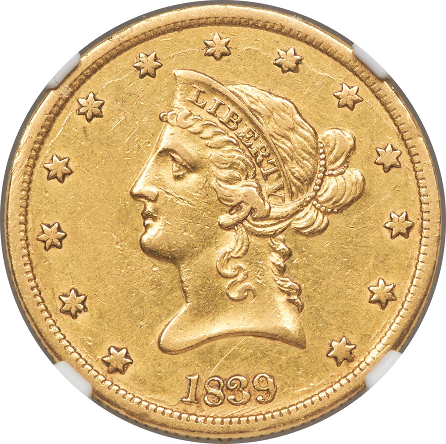 image for: 1839 $10 Small Letters, Head of 1840, AU50 NGC....