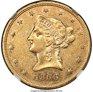 image for: 1866 $10 AU58 NGC....
