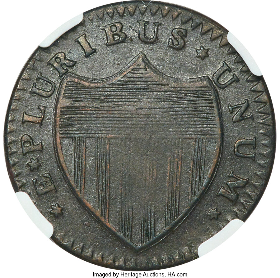 image for: 1786 New Jersey Copper, Bridle, Wide Shield, M. 18-M, W-4890, R.2, AU55 NGC....