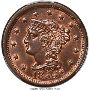 image for: 1855 1C Slanted 55, Knob Ear, N-9, R.1, MS65 Red and Brown PCGS. CAC....