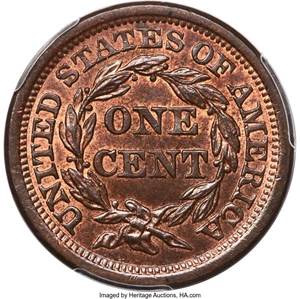 image for: 1855 1C Slanted 55, Knob Ear, N-9, R.1, MS65 Red and Brown PCGS. CAC....