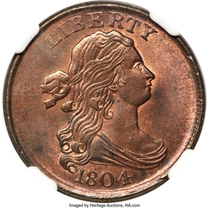 image for: 1804 1/2 C Plain 4, No Stems, C-13, B-10, R.1, MS64 Red and Brown NGC....