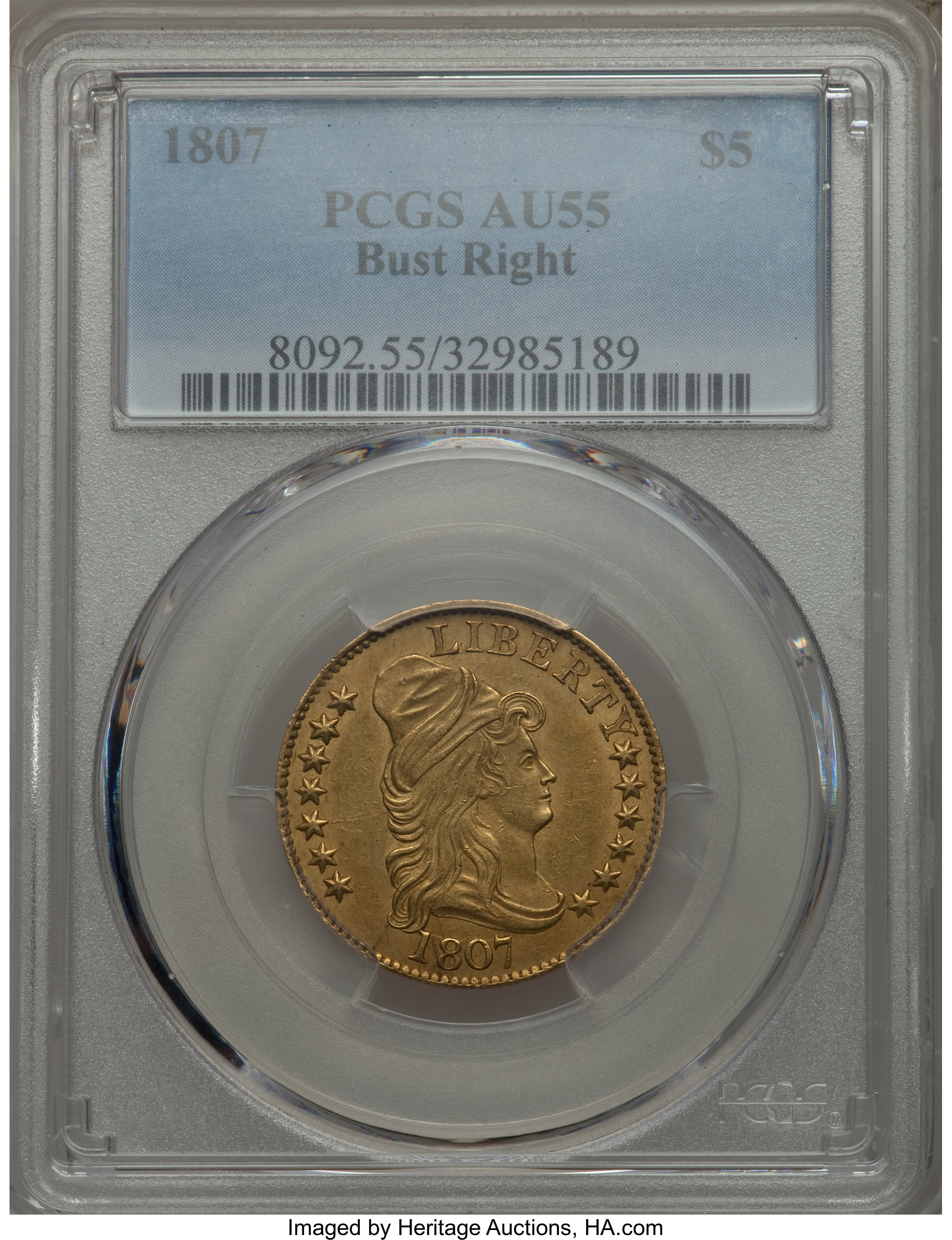 image for: 1807 $5 Bust Right, BD-1, High R.4, AU55 PCGS....