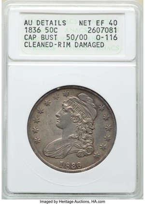 image for: 1836 50C Lettered Edge, 50/00, O-116a, High R.5, -- Cleaned, Rim Damaged -- ANACS. AU Details, Net XF40....
