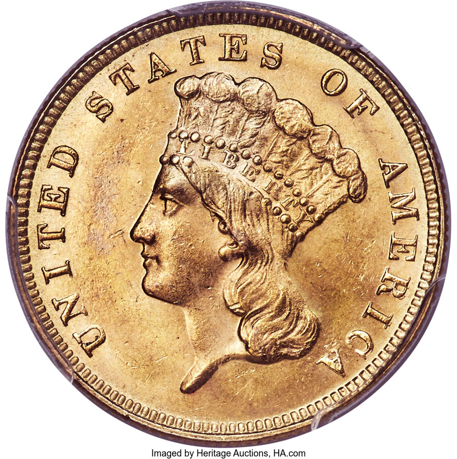 1887 $3 MS63+ PCGS. CAC. Mint State examples of the 1887 three dollar piece are plentiful overall, although CAC-approved ex...