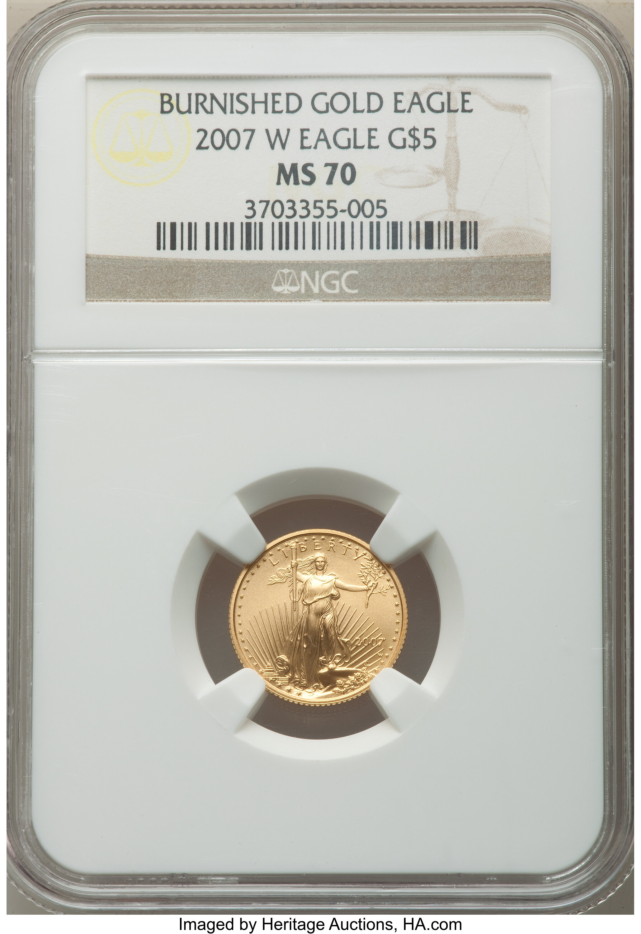 2007-W $5 Tenth-Ounce Gold Eagle, Burnished, MS70 NGC. NGC Census: (6222). PCGS Population: (241). CDN: $350 Whsle. Bid for...