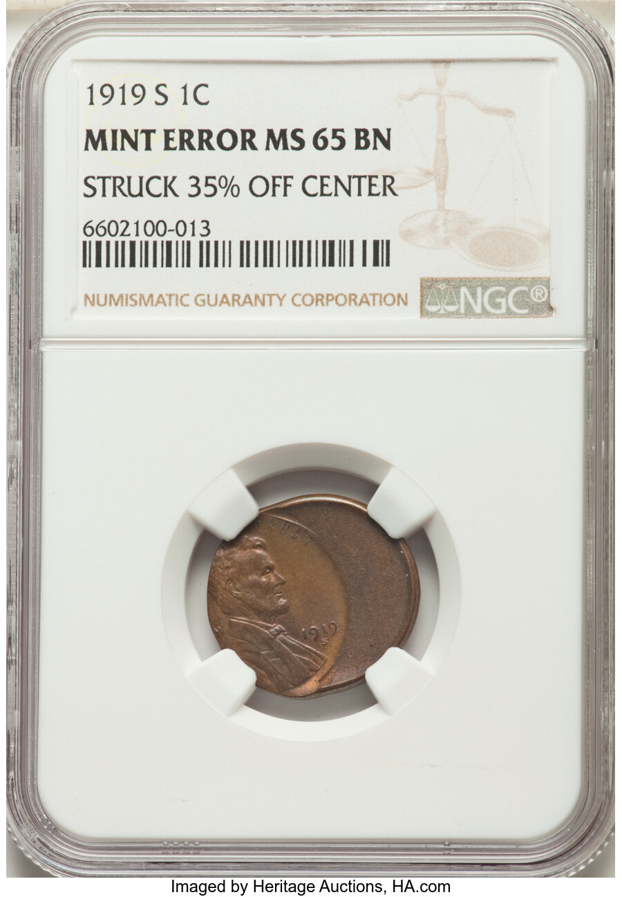 1919-S 1C Lincoln Cent -- Struck 35% Off Center -- MS65 Brown NGC. ...