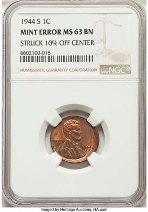 image for: 1944-S 1C Lincoln Cent -- Struck 10% Off Center -- MS63 Brown NGC....
