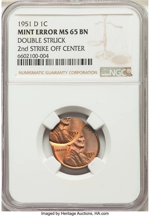 image for: 1951-D 1C Lincoln Cent -- Double Struck, Second Strike Off Center -- MS65 Brown NGC....