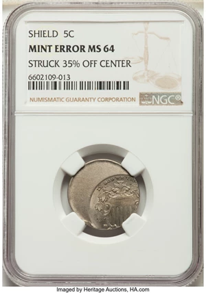 image for: No Date 5C Shield Nickel -- Struck 35% Off Center -- MS64 NGC....