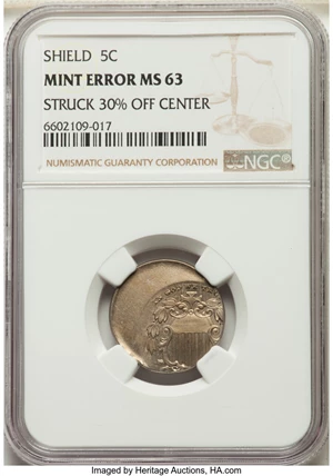 image for: No Date 5C Shield Nickel -- Struck 30% Off Center -- MS63 NGC....