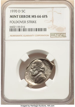 image for: 1970-D 5C Jefferson Nickel -- Foldover Strike -- MS66 Full Steps NGC....
