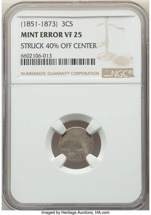 image for: (1851-73) 3CS Type One, Three Cent Silver -- Struck 40% Off Center -- VF25 NGC....