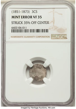 image for: (1851-73) 3CS Type One, Three Cent Silver -- Struck 35% Off Center -- VF35 NGC....