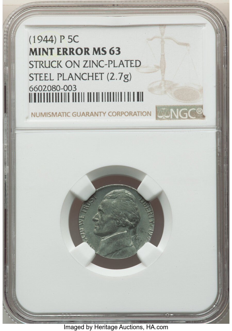 1944-P 5C Jefferson Nickel -- Struck on Zinc Plated Steel Planchet -- MS63 NGC. (2.7 grams)....