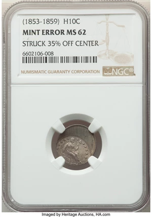 image for: (1853-59) H10C No Stars, Seated Liberty Half Dime --Struck 35% Off Center -- MS62 NGC....