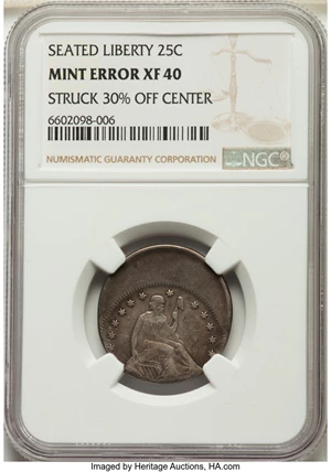 image for: No Date 25C Motto, Seated Liberty Quarter Dollar -- Struck 30% Off Center -- XF40 NGC....