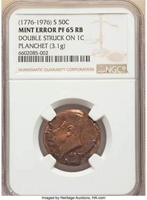image for: 1976-S 50C Kennedy Half Dollar -- Double Struck on 1C Planchet -- PR65 Red and Brown NGC....