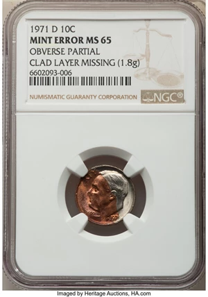 image for: 1971-D 10C Roosevelt Dime -- Obverse Partial Clad Layer Missing -- MS65 NGC. (1.8 grams). ...