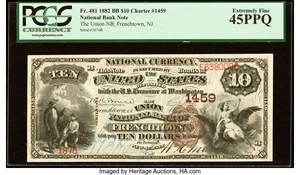 image for: Frenchtown, NJ - $10 1882 Brown Back Fr. 481 The Union National Bank Ch. # 1459 PCGS Extremely Fine 45PPQ....