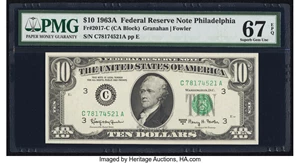 image for: Fr. 2017-C $10 1963A Federal Reserve Note. PMG Superb Gem Unc 67 EPQ....