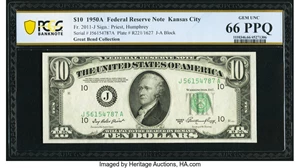 image for: Fr. 2011-J $10 1950A Federal Reserve Note. PCGS Banknote Gem Unc 66 PPQ....