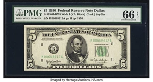 image for: Fr. 1961-K $5 1950 Wide I Federal Reserve Note. PMG Gem Uncirculated 66 EPQ....
