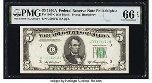 image for: Fr. 1962-C $5 1950A Federal Reserve Note. PMG Gem Uncirculated 66 EPQ....
