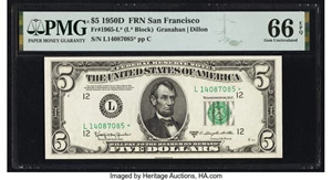 image for: Fr. 1965-L* $5 1950D Federal Reserve Star Note. PMG Gem Uncirculated 66 EPQ....