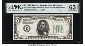 image for: Fr. 1956-E $5 1934 Mule Federal Reserve Note. PMG Gem Uncirculated 65 EPQ....
