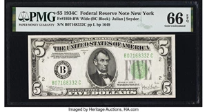 image for: Fr. 1959-B $5 1934C Wide Federal Reserve Note. PMG Gem Uncirculated 66 EPQ....