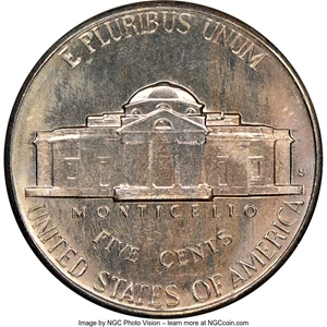image for: 1939-S 5C Reverse of 1938 MS67 Full Steps NGC. NGC Census: (10/0). PCGS Population: (6/0). CDN: $900 Whsle. Bid for NGC/PCG...