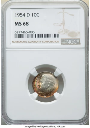 image for: 1954-D 10C MS68 NGC. NGC Census: (4/0). PCGS Population: (1/0). Mintage 106,397,000. ...