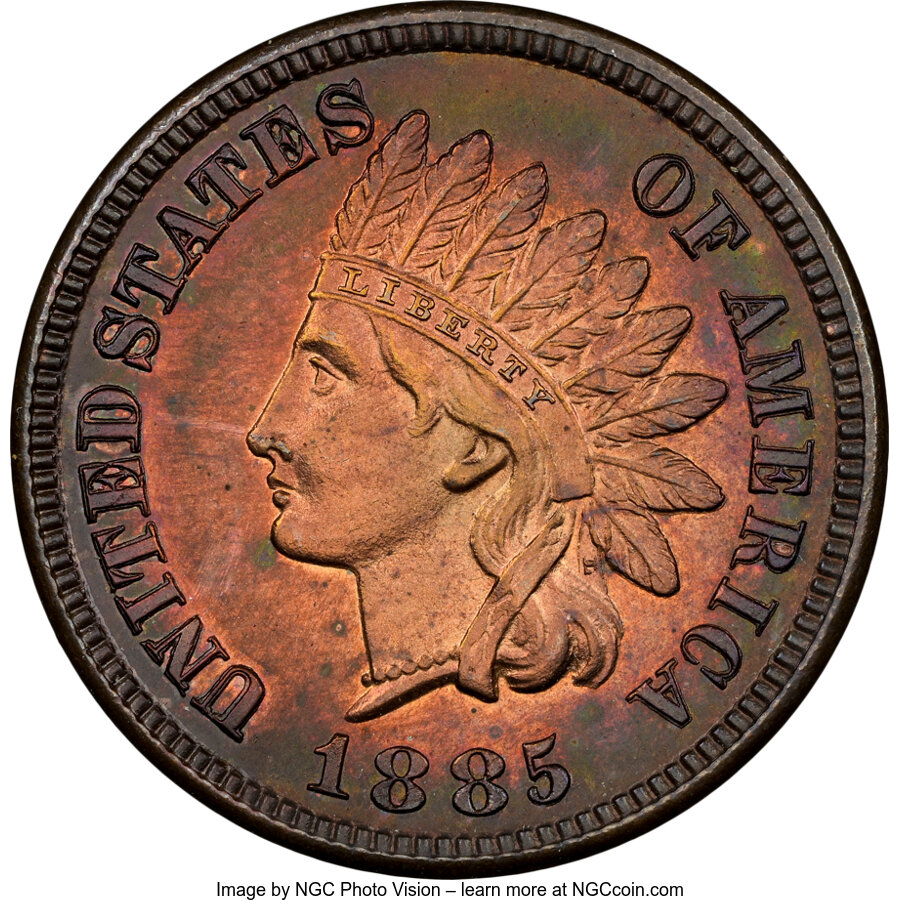 1885 1C PR63 Red and Brown NGC. NGC Census: (15/188). PCGS Population: (62/347). CDN: $230 Whsle. Bid for NGC/PCGS PR63. Mi...