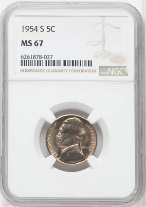 image for: 1954-S 5C MS67 NGC. NGC Census: (39/0). PCGS Population: (11/0). CDN: $550 Whsle. Bid for NGC/PCGS MS67. Mintage 29,384,000...