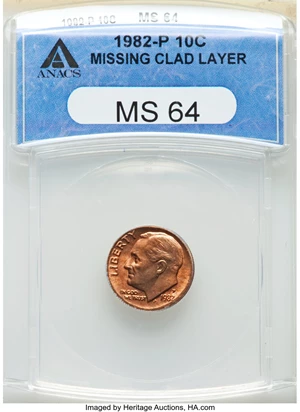 image for: 1982-P 10C Roosevelt Dime -- Missing Clad Layer -- MS64 ANACS....