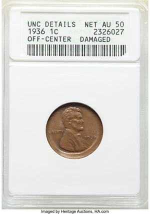 image for: 1936 1C Lincoln Cent -- Struck Off Center, Damaged -- ANACS Details. Unc Details, Net AU50....