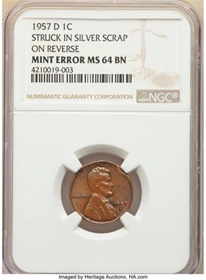 image for: 1957-D 1C Lincoln Cent -- Struck in Silver Scrap on Reverse -- MS64 Brown NGC....