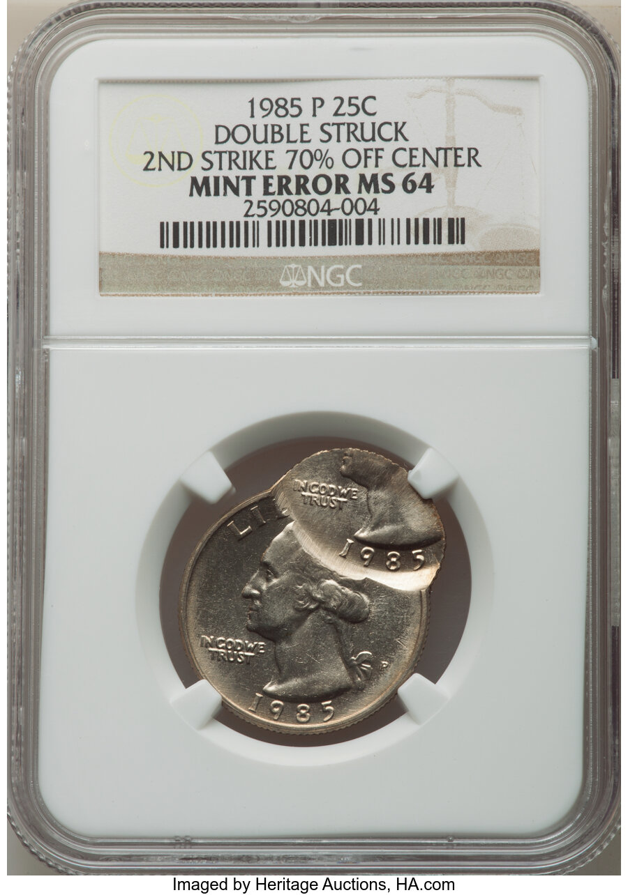 1985-P 25C Washington Quarter Dollar -- Double Struck, Second 70% Off Center -- MS64 NGC. ...