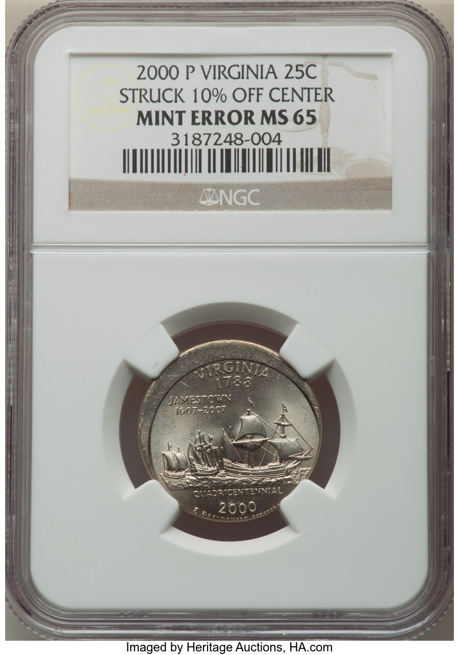 2000-P 25C Virginia Statehood Quarter Dollar -- Struck 10% Off Center -- MS65 NGC. ...