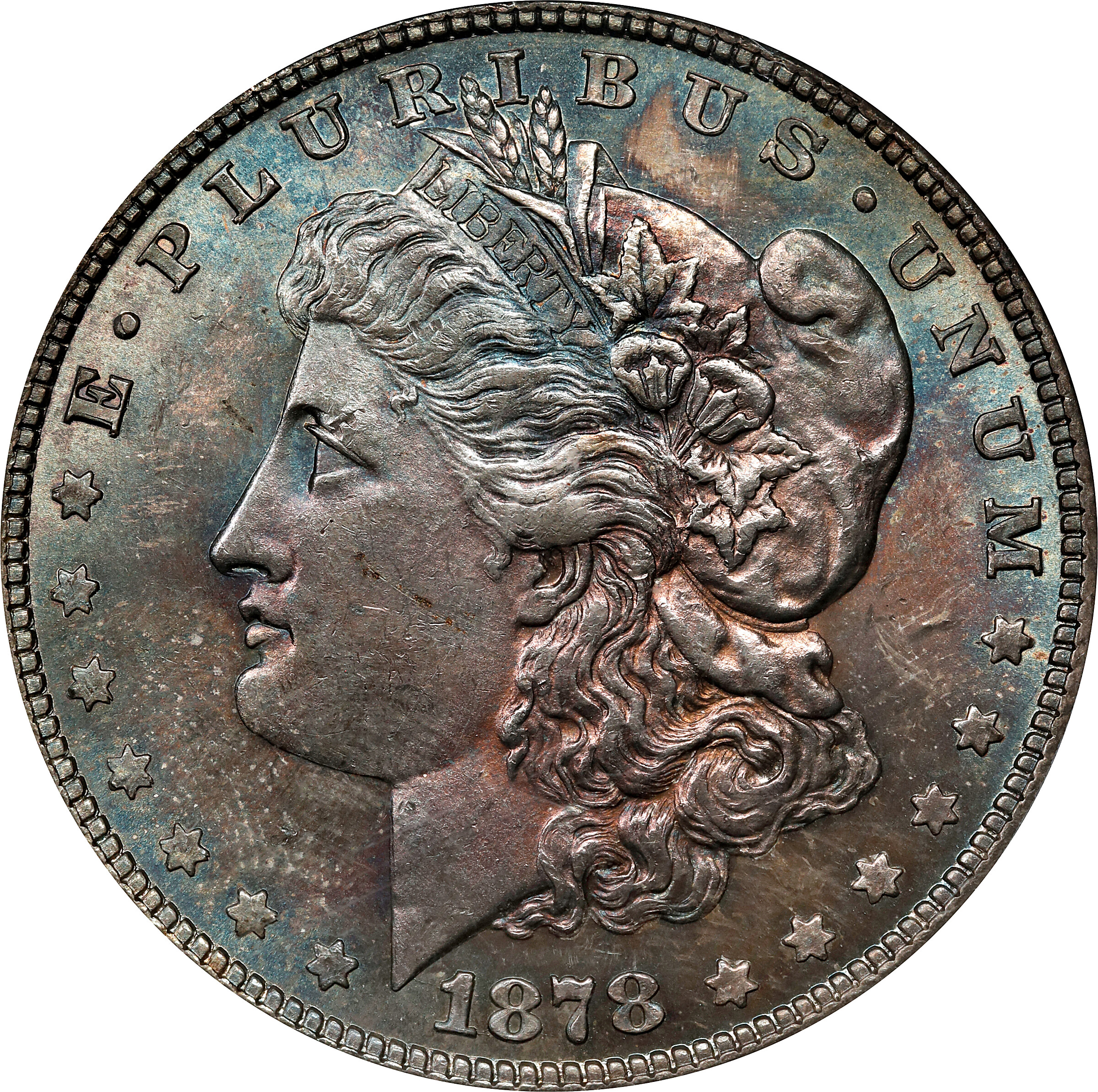 1878 Morgan Silver Dollar. 8 Tailfeathers. VAM-7. Tripled E. MS-63 (PCGS).