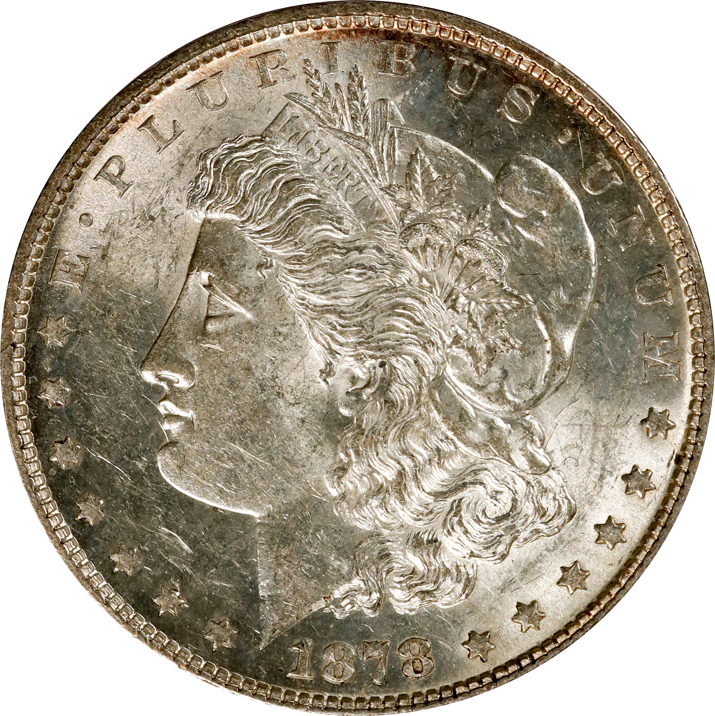 1878 Morgan Silver Dollar. 7 Tailfeathers. Reverse of 1879. VAM-203A. Top 100 Variety. Short Leaf. AU-58 (ANACS). Discovery Piece.