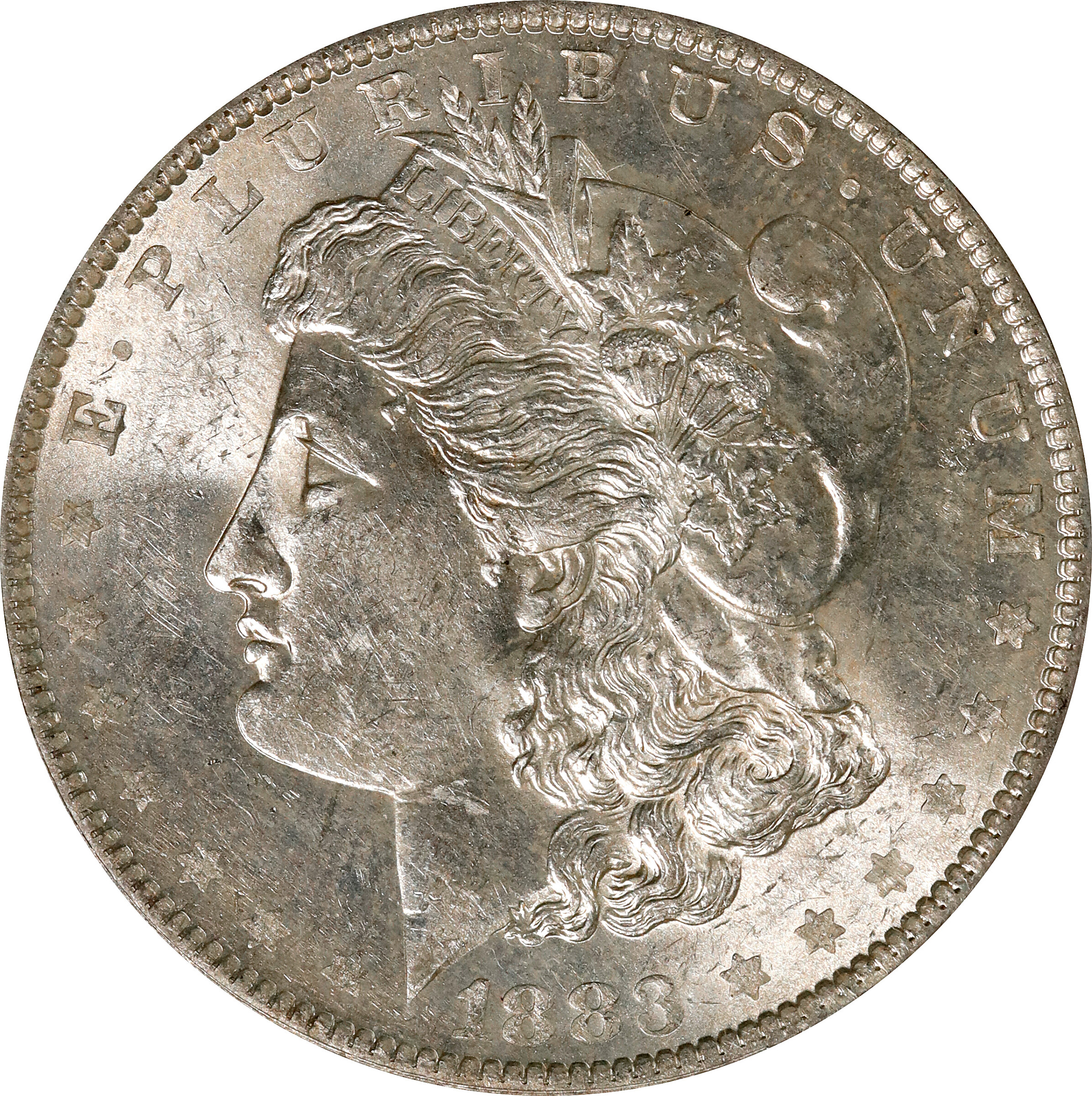 1883-O Morgan Silver Dollar. VAM-22A. Hot 50 Variety. Partial E Reverse. AU-58 (ANACS).