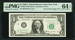 image for: Descending Ladder Serial Number 87654321 Fr. 1901-B $1 1963A Federal Reserve Note. PMG Choice Uncirculated 64 EPQ....